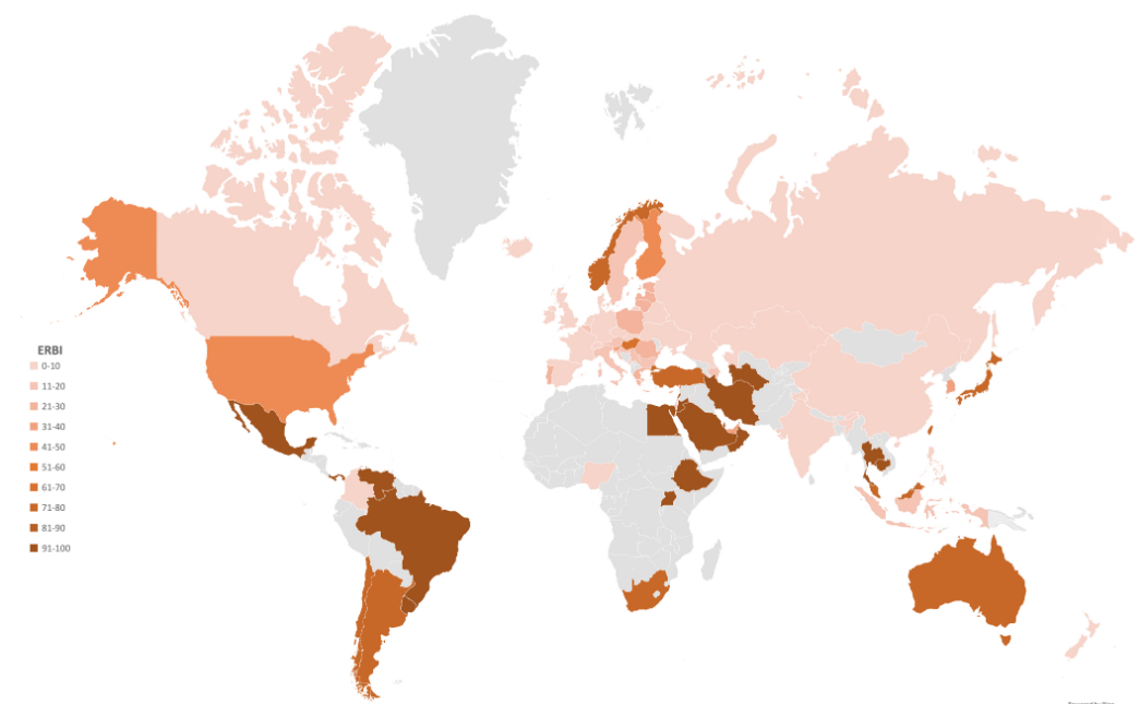 Map of different regulatory stringencies for e-cigarettes around the world